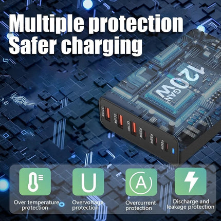 120W GaN 6-Port Charging Station (3 Type-C + 3 USB-A) - Black