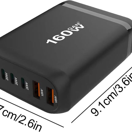 160W GaN 6-Port Charging Station (4 Type-C + 2 USB-A) - Black