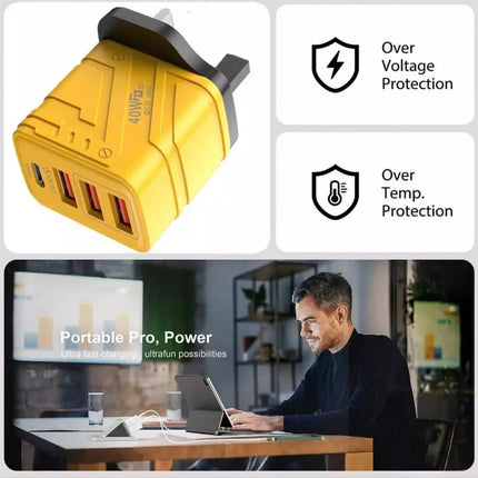 4‑Port USB Wall Charger (1× USB‑C PD + 3× USB‑A) | Fast Charging up to 40W