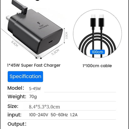 45W USB-C Charger Plug & Cable Set for Samsung | UK Plug