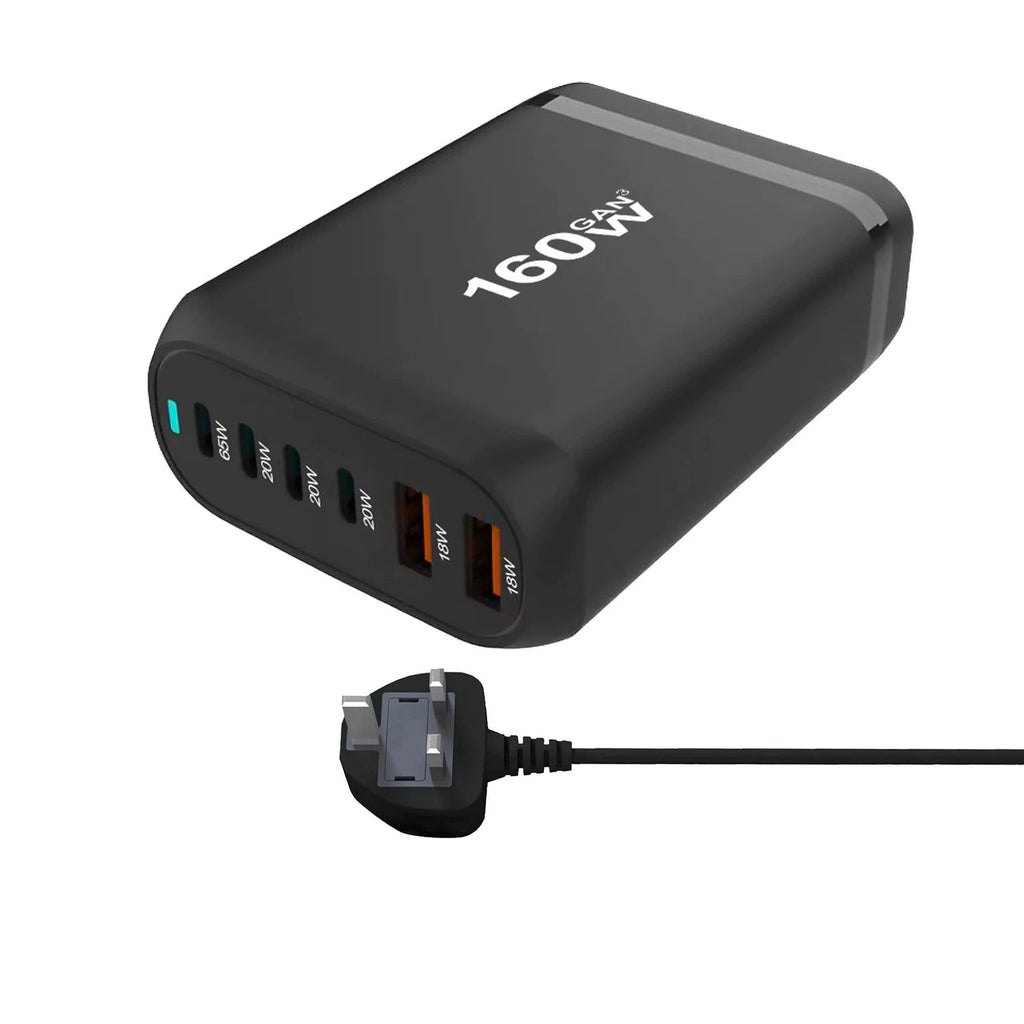 160W GaN 6-Port Charging Station (4 Type-C + 2 USB-A) - Black