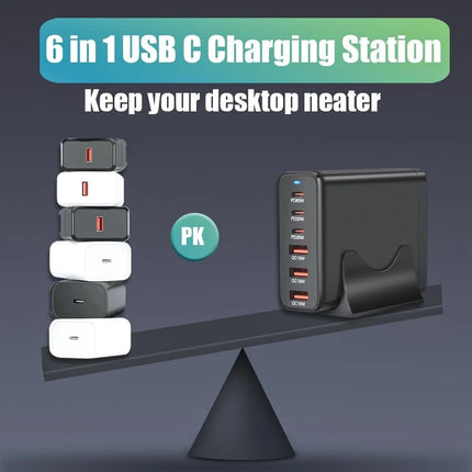 120W GaN 6-Port Charging Station (3 Type-C + 3 USB-A) - Black