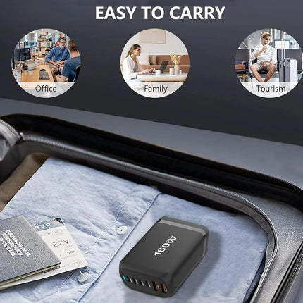 160W GaN 6-Port Charging Station (4 Type-C + 2 USB-A) - Black