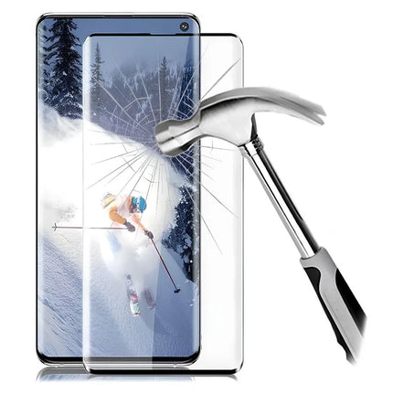 Samsung Galaxy tempered glass screen protector being impact tested with a hammer