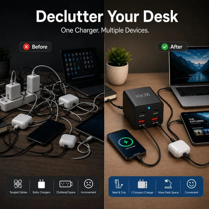 Before and after desk setup showing one compact ShopFam GaN charger reducing cable clutter