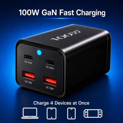 Close-up of ShopFam charger port layout with USB-C PD and USB-A QC charging ports
