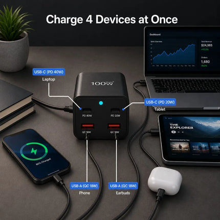 ShopFam 4-port GaN desktop charger powering laptop, tablet, phone and earbuds on a desk