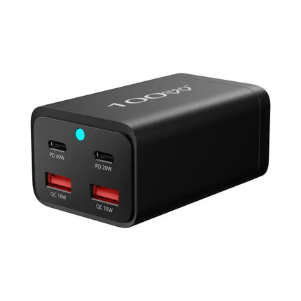ShopFam black GaN desktop charger shown upright and horizontal for flexible desk placement