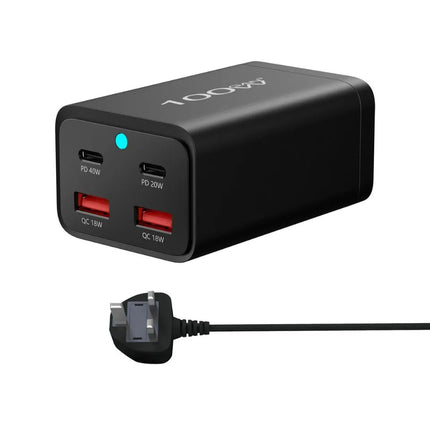 ShopFam 100W GaN USB-C desktop charger showing PD 40W, PD 20W and QC 18W ports