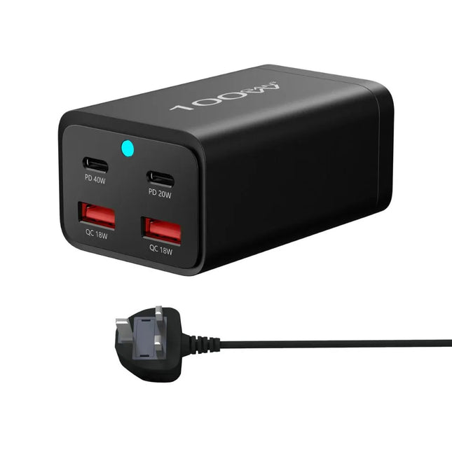 ShopFam 100W GaN USB-C desktop charger showing PD 40W, PD 20W and QC 18W ports