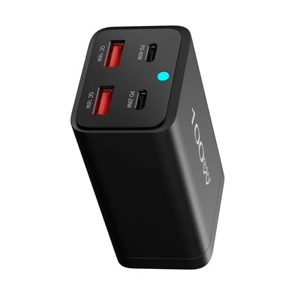 Black ShopFam 100W GaN USB-C desktop charger with 2 USB-C PD and 2 USB-A QC ports