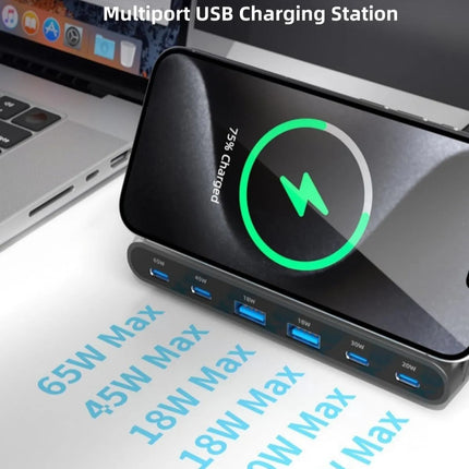 7 in 1 desktop charger showing 15W wireless charging, USB-A ports and USB-C fast charging ports