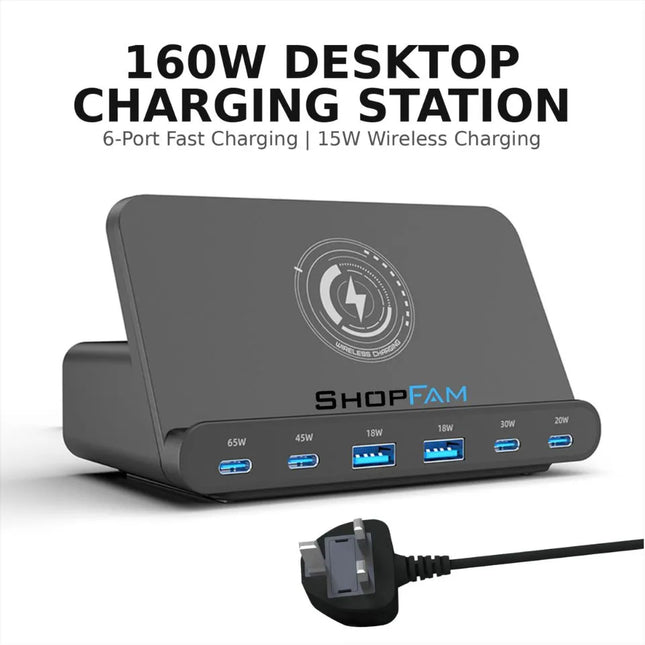 ShopFam 160W PD desktop charging station with 4 USB-C ports, 2 USB-A ports and 15W magnetic wireless charging