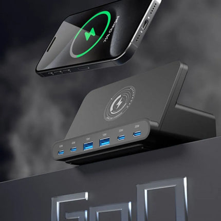 Phone aligning with the magnetic wireless charging area on a ShopFam 160W desktop charging station