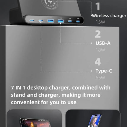 Black 160W max multiport USB charging station with magnetic wireless phone charging
