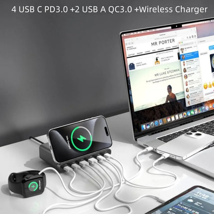 ShopFam 160W desktop charging station powering a laptop, phone, earbuds, smartwatch and tablet from one desk hub