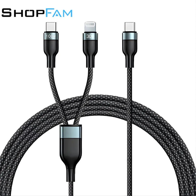 ShopFam 2-in-1 USB-C to USB-C and 8-pin iPhone braided charging cable with 100W and 30W labels