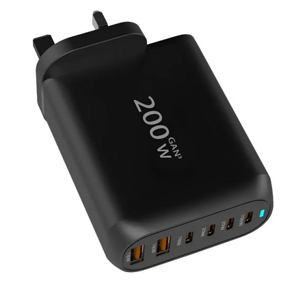 ShopFam 200W GaN USB-C wall charger UK plug in black with 4 USB-C and 2 USB-A ports