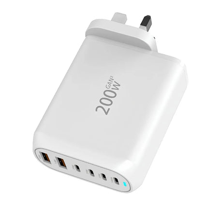 ShopFam 200W GaN USB-C wall charger UK plug in white with multi-port fast charging