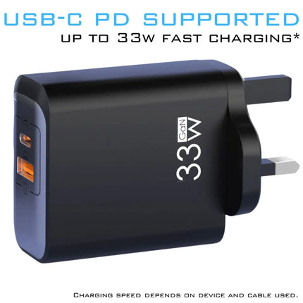 Black ShopFam 33W GaN USB-C charger plug with USB-C and USB-A ports