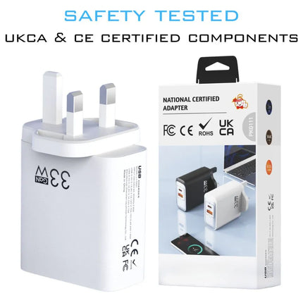 ShopFam 33W GaN USB-C charger plug UK in white with retail box and UKCA CE markings