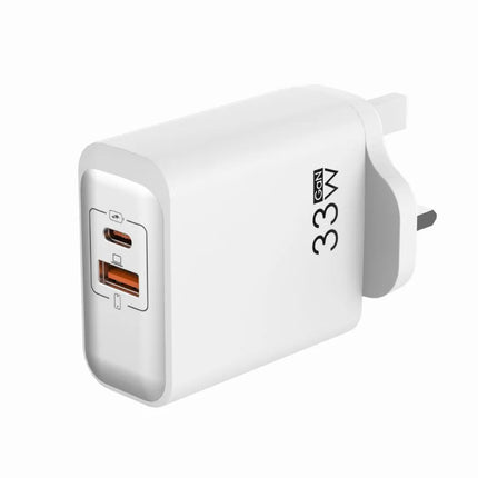 White ShopFam 33W GaN USB-C charger plug with USB-C and USB-A ports