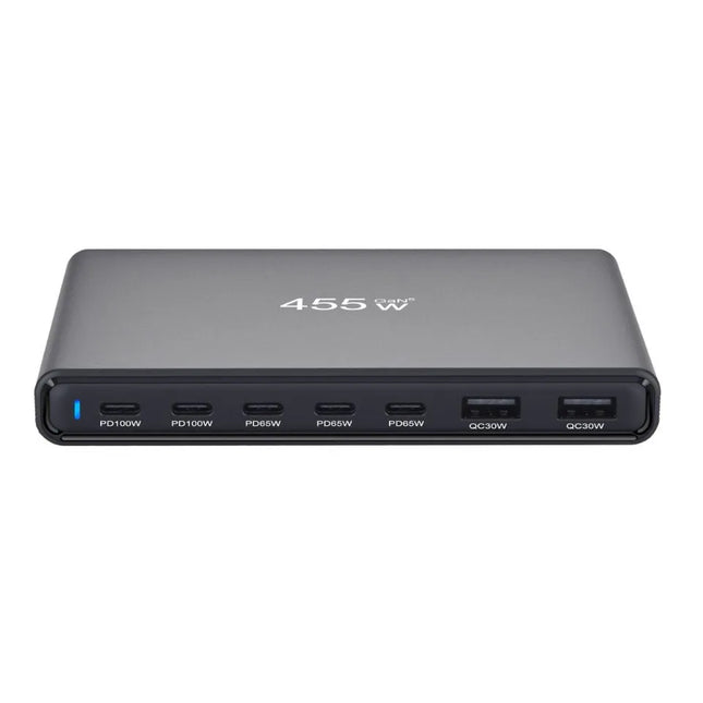 Black 455W GaN 7-port desktop charger with 5 USB-C ports and 2 USB-A ports