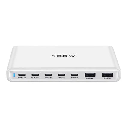 Black 455W GaN 7-port desktop charger with 5 USB-C ports and 2 USB-A ports
