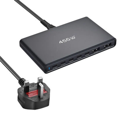 Black ShopFam 455W GaN USB-C charger with UK plug cable and front charging ports