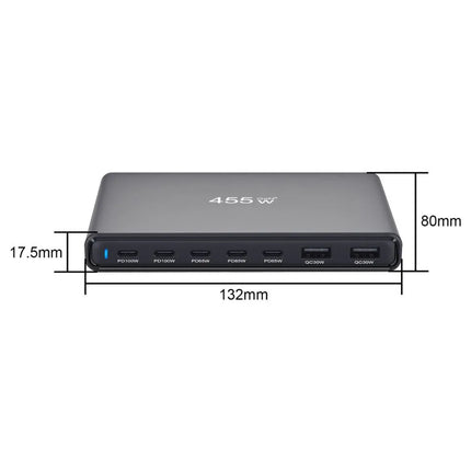 ShopFam 455W GaN USB-C charging station dimensions showing slim 132mm body and 7 ports