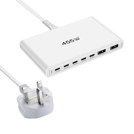 White ShopFam 455W GaN USB-C charging station with detachable UK power plug lead