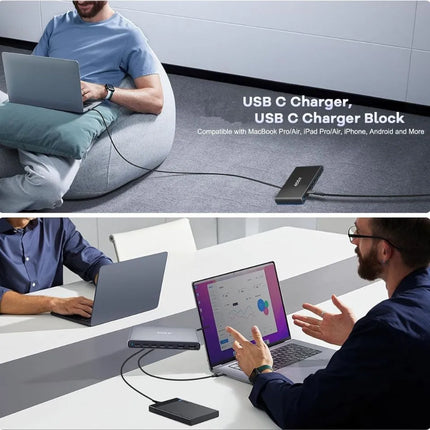 ShopFam 455W USB-C charger used in office meeting setup with laptops and external drive