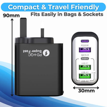 ShopFam black 5-port USB-C charger plug UK with 38W shared output, PD20W USB-C and QC3.0 USB-A ports
