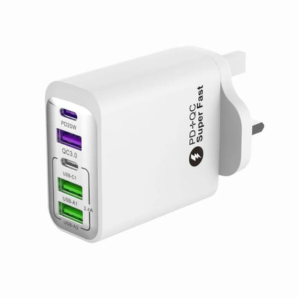 White ShopFam 5-port USB-C fast charger plug with UK 3-pin wall plug