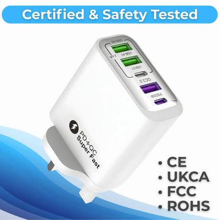 ShopFam 5-port USB wall charger with CE, UKCA, FCC and RoHS marks shown on product graphic