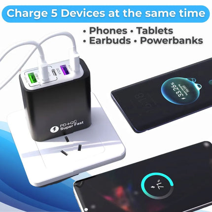 5-port USB wall charger charging phones, tablets, earbuds and power banks from one UK socket