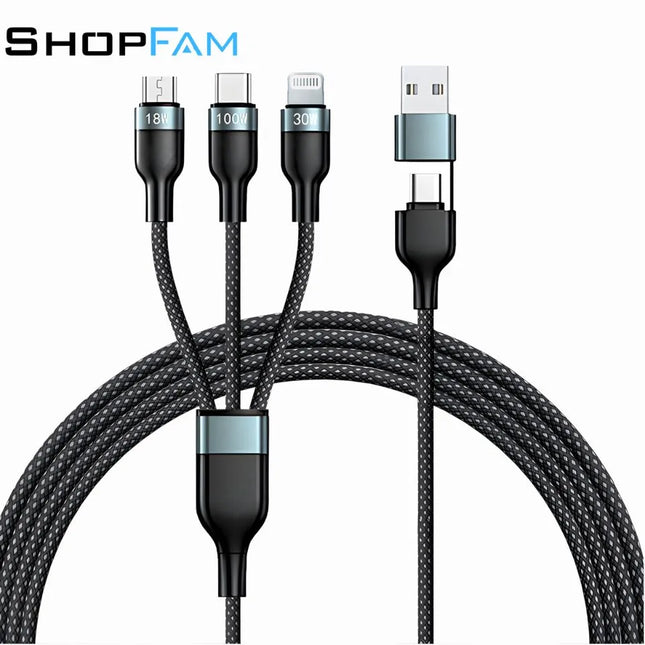 ShopFam 6-in-1 100W PD multi charging cable with USB-A and USB-C input and three output heads