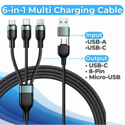 6-in-1 multi charging cable with USB-C 8-pin Micro-USB outputs and USB-A USB-C input
