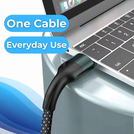 Right angle USB-C charging connector plugged into laptop for everyday cable use