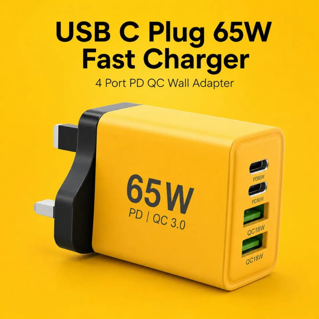 Yellow ShopFam 65W USB-C UK charger plug with 2 USB-C PD and 2 USB-A QC ports