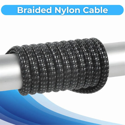 Braided nylon jacket close-up on grey and black multi charging cable