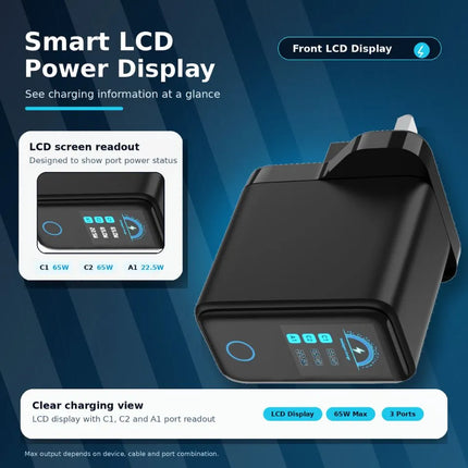 Smart LCD power display on black 65W GaN charger plug