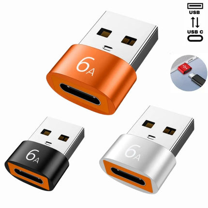 USB-A to USB-C female adapter colour options in Black Orange and Silver