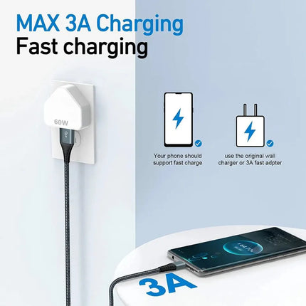 Black USB-A to USB-C cable with braided exterior and angled view