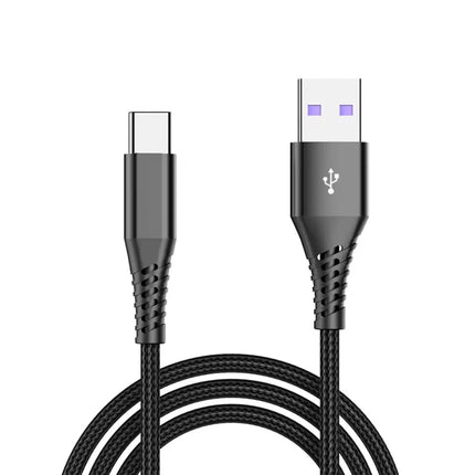Black braided USB-A to USB-C cable, close-up product view