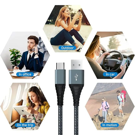 Black USB-A to USB-C cable with desk and travel use examples