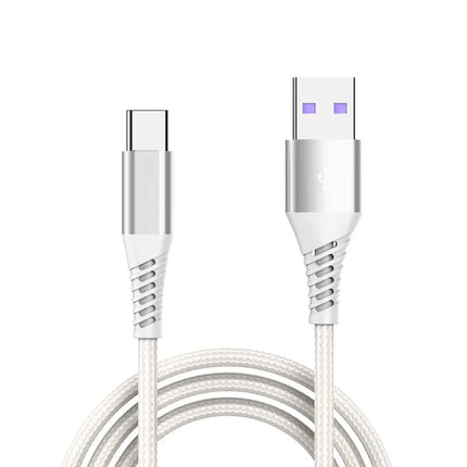 White braided USB-A to USB-C cable, close-up product view