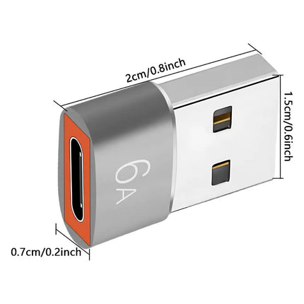 Compact USB-A to USB-C female adapter showing 2cm by 1.5cm size dimensions