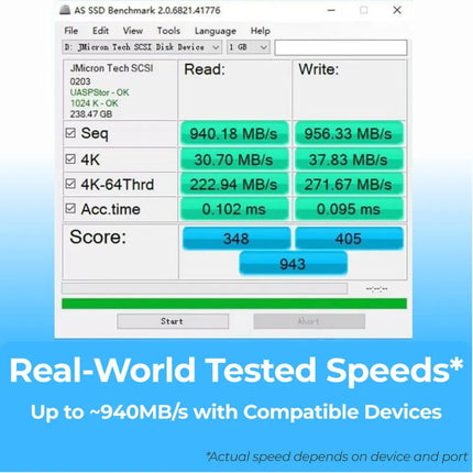 USB-C 10Gbps cable real-world data transfer speed test up to around 940MB per second with compatible devices