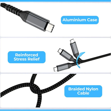 USB-C cable with aluminium connector housing, reinforced stress relief and braided nylon jacket